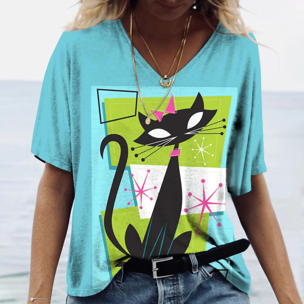 2023 Women's Cat 3D Printed V-Neck T-Shirt