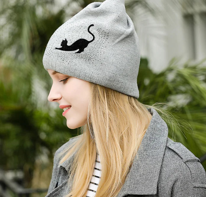 Knit Hat with Cat Ears and Bow - Little Black Cat