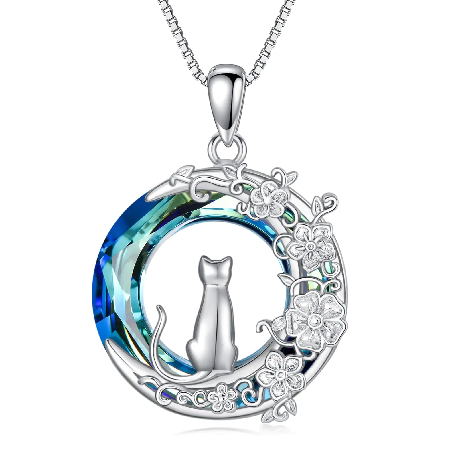 TOUPOP Cat Gifts for Women Sterling Silver Cat Necklaces with Blue Circle Crystal Cat Lovers Jewelry Gifts for Women Birthday Christmas