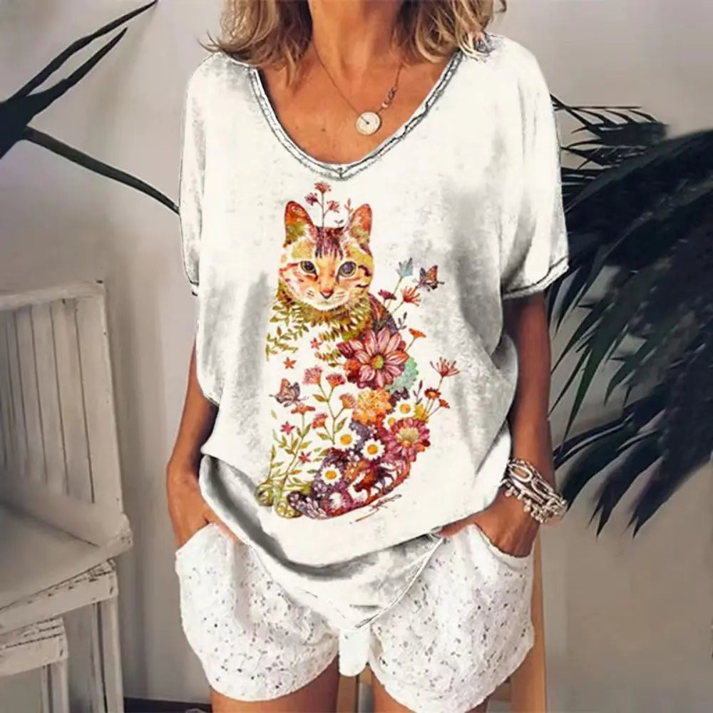 Women's Cat 3D Printed V-Neck T-Shirt