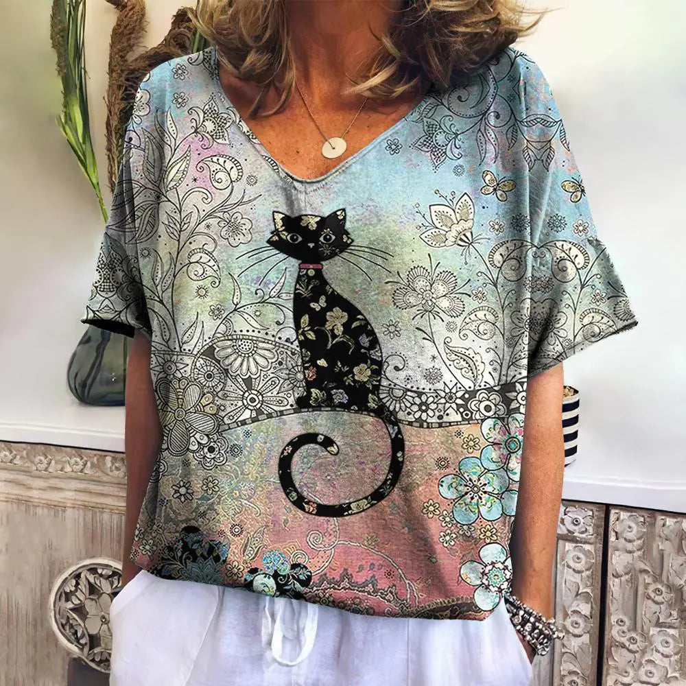 2023 Women's Cat 3D Printed V-Neck T-Shirt