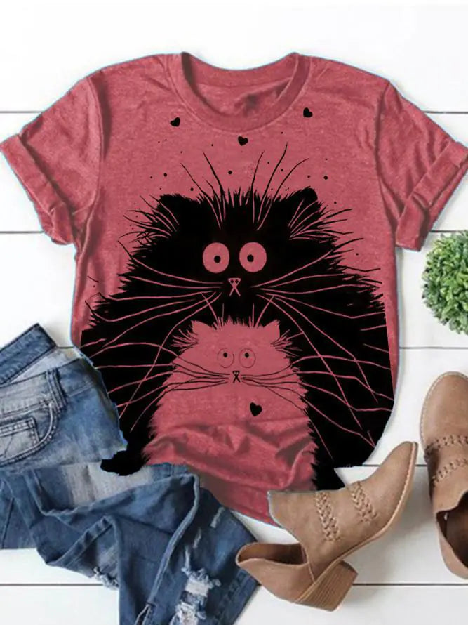 Cat Print Fashion Casual Short Sleeve T-Shirt for Women