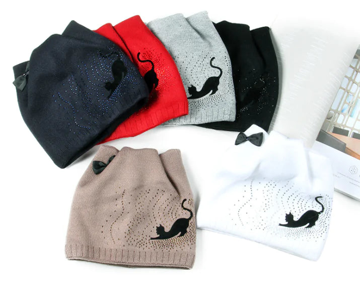 Knit Hat with Cat Ears and Bow - Little Black Cat