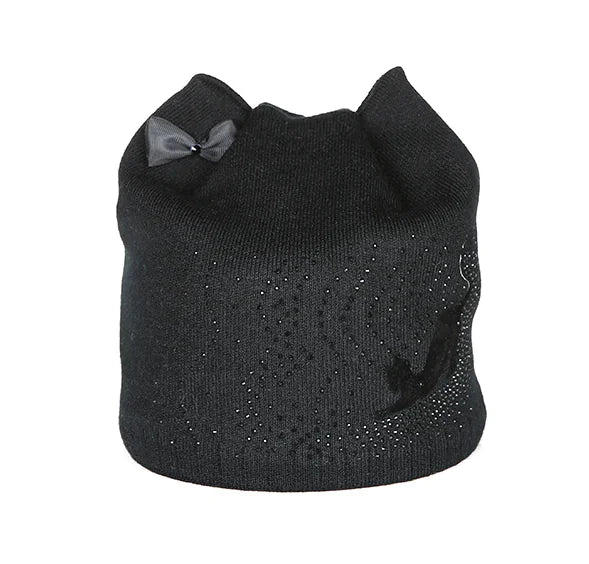 Knit Hat with Cat Ears and Bow - Little Black Cat