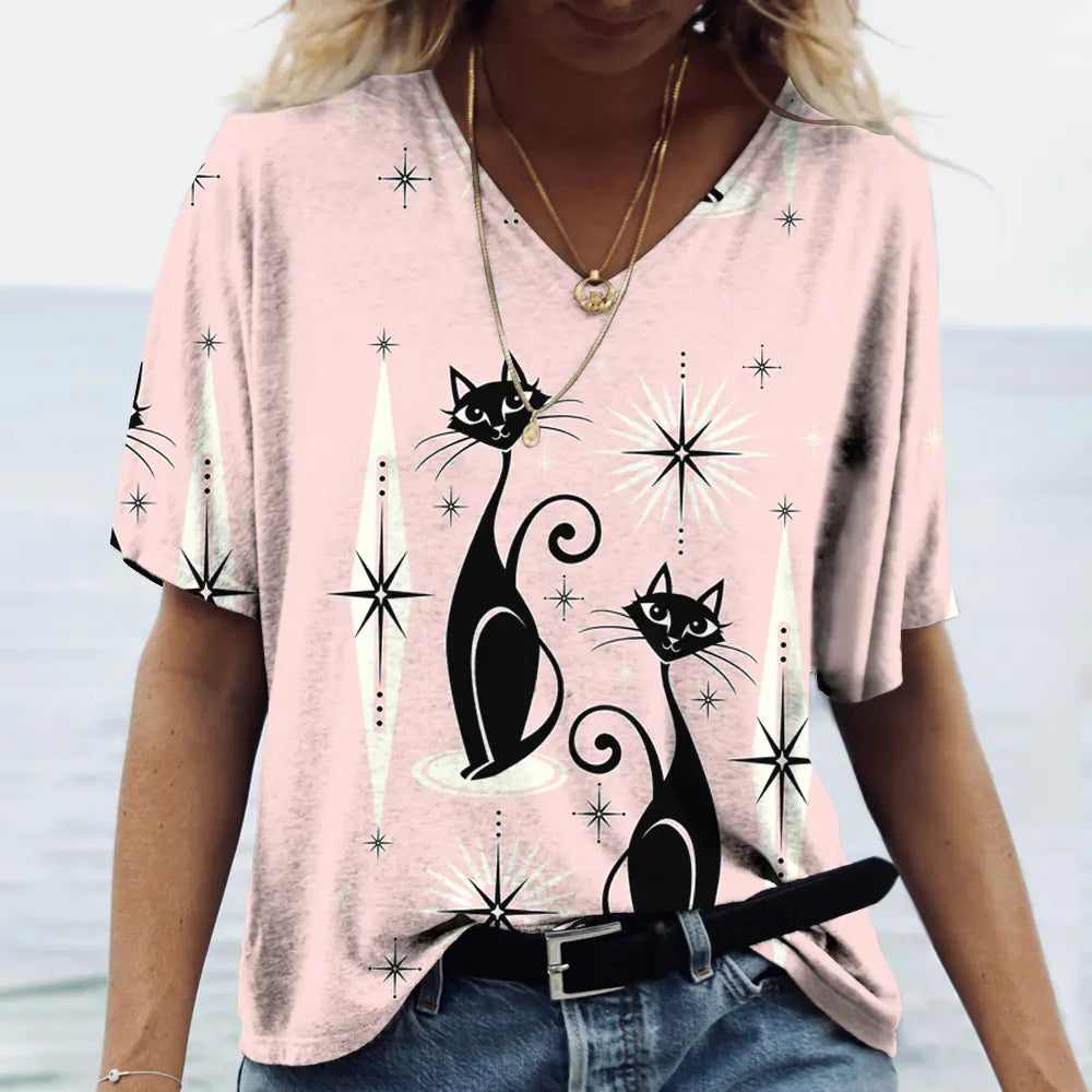 Women's Cat 3D Printed V-Neck T-Shirt