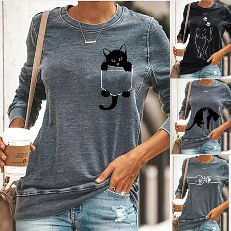 Cat Print Long Sleeve Round Neck Pullover T-Shirt