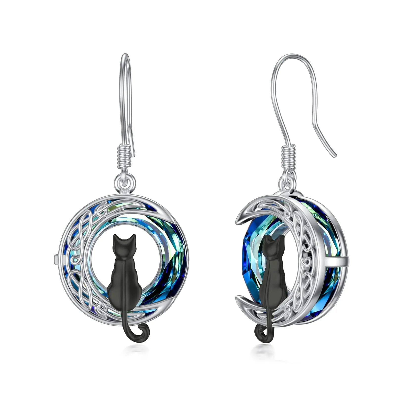 TOUPOP Black Cat on the Moon Earrings Sterling Silver Black Cat Earrings with Blue Circle Crystal Cat Lovers Jewelry Gifts for Women Birthday