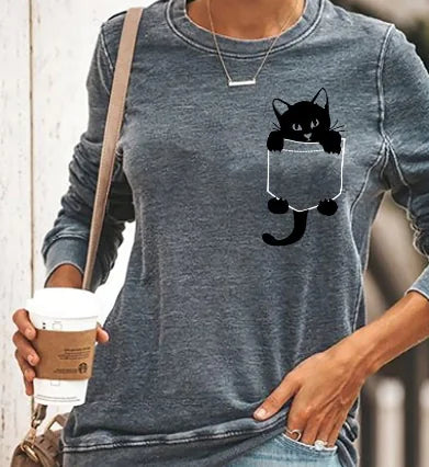Cat Print Long Sleeve Round Neck Pullover T-Shirt
