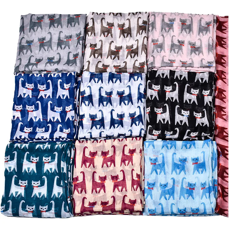Cartoon Cat Print Scarf - Bali Style Silk Scarf