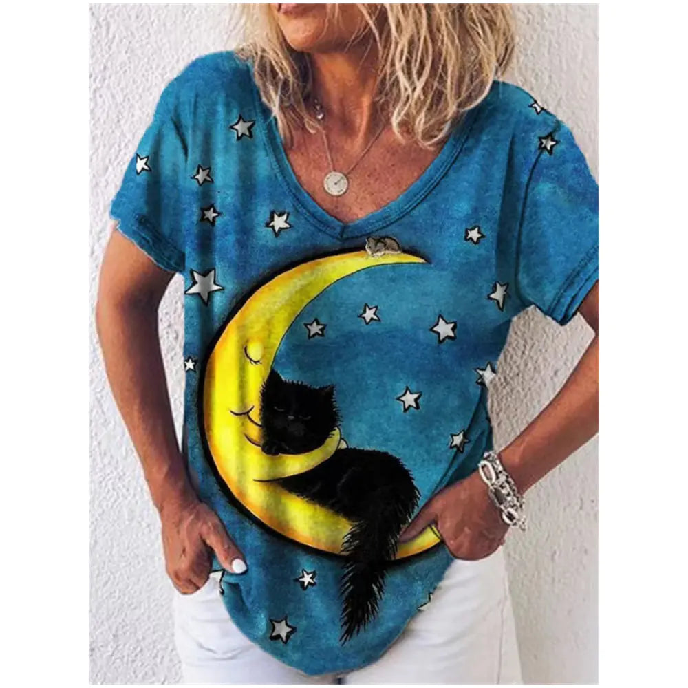 Women's Cat 3D Printed V-Neck T-Shirt