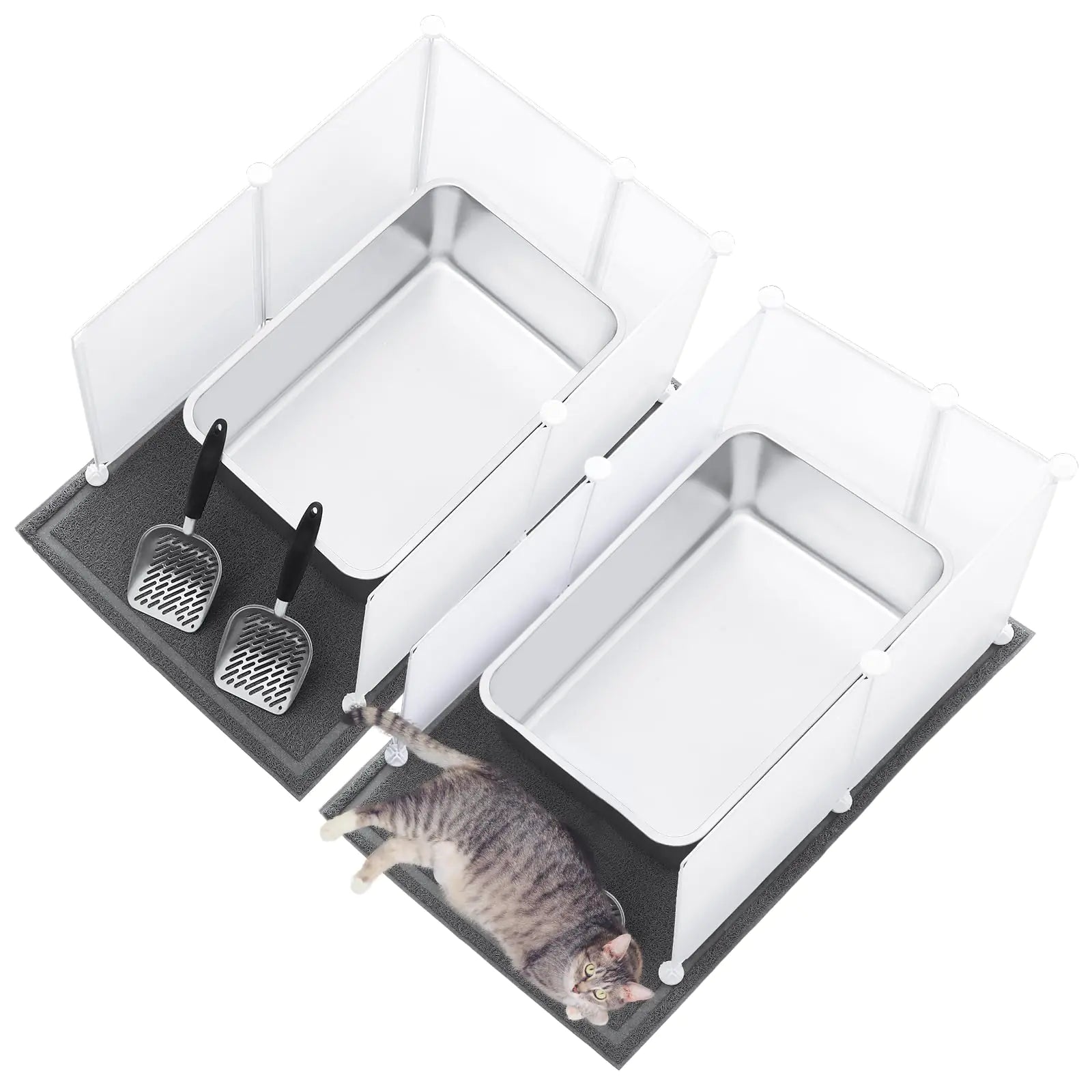 Pinkunn 2 Set Large Stainless Steel Litter Box Metal Litter Box Include 2 Cat Litter Scoop12 Litter Splash Guard and 2 Cat Litter Mat Never Absorbs Odor(7.9 InchGray)