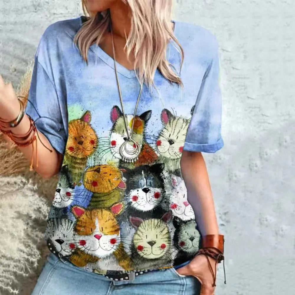Women's Cat 3D Printed V-Neck T-Shirt