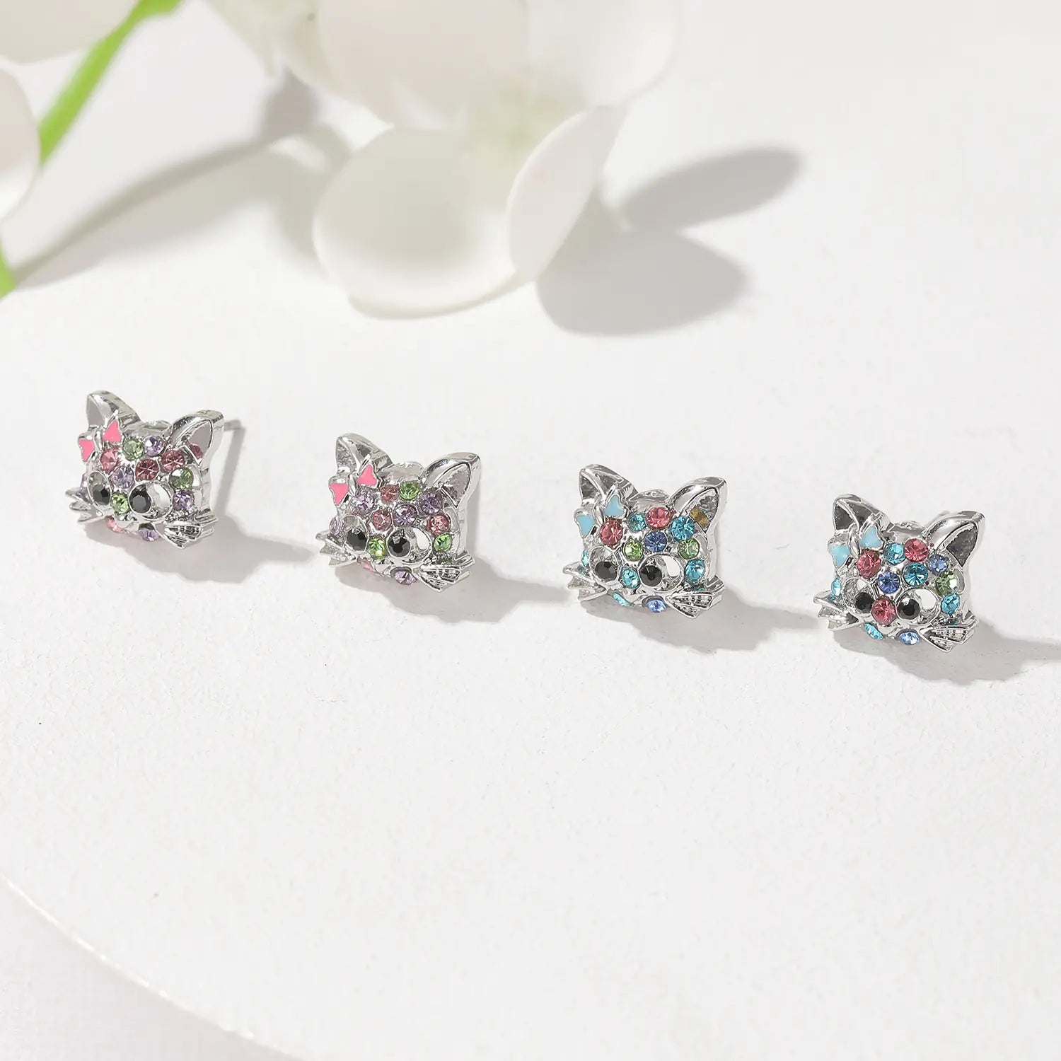 Cat-Themed Jewelry Set: Ring, Earrings, Necklace, Bracelet