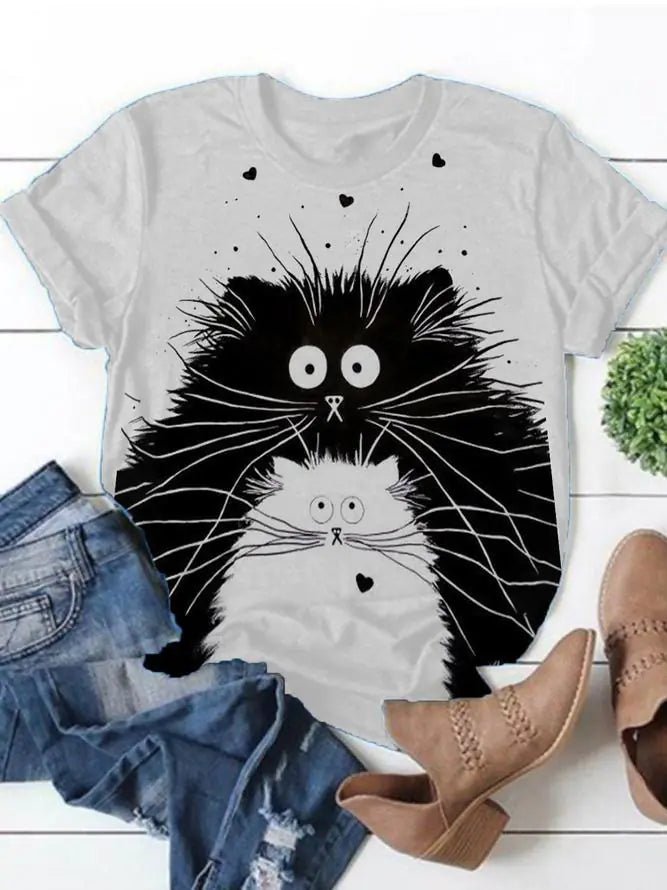 Cat Print Fashion Casual Short Sleeve T-Shirt for Women - Feline the Love