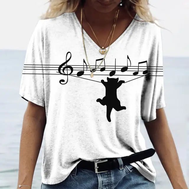 Cute Cartoon Cat V Neck Women's T-shirt - Feline the Love