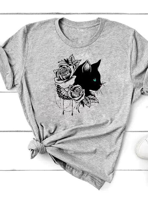 Graphic Cat Print T-Shirt for Women - Short Sleeve - Feline the Love