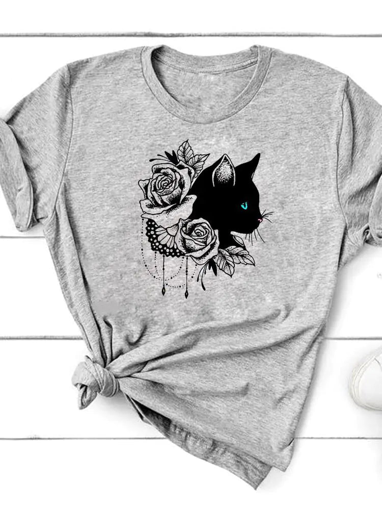 Graphic Cat Print T-Shirt for Women - Short Sleeve - Feline the Love