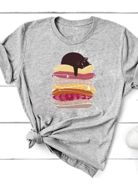 Graphic Cat Print T-Shirt for Women - Short Sleeve - Feline the Love