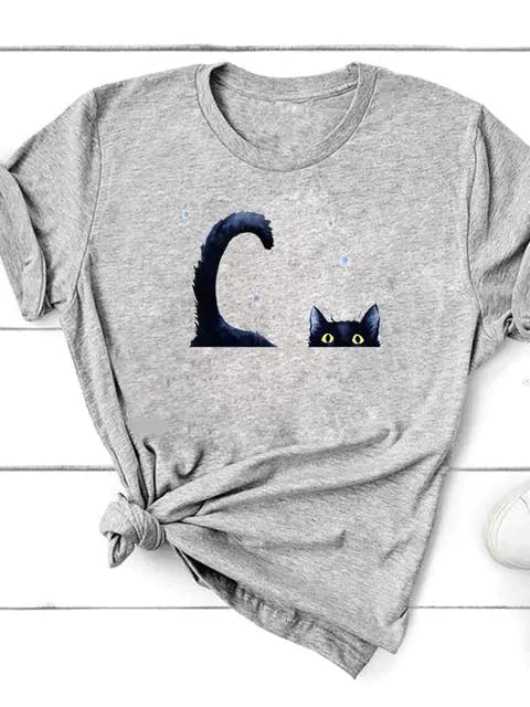 Graphic Cat Print T-Shirt for Women - Short Sleeve - Feline the Love