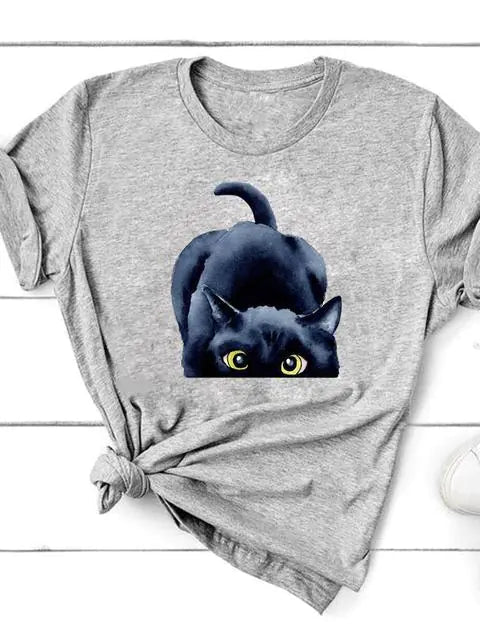 Graphic Cat Print T-Shirt for Women - Short Sleeve - Feline the Love