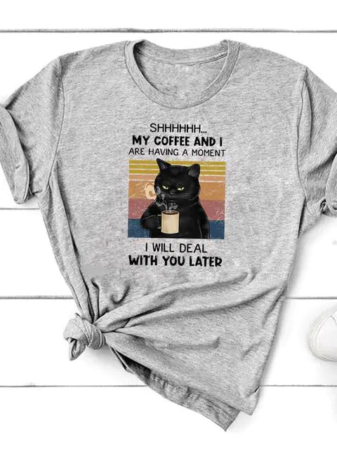 Graphic Cat Print T-Shirt for Women - Short Sleeve - Feline the Love