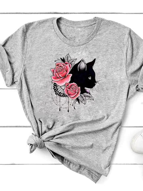 Graphic Cat Print T-Shirt for Women - Short Sleeve - Feline the Love