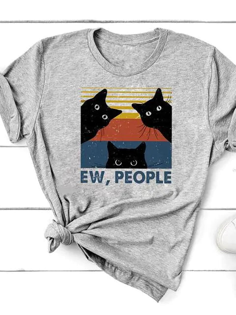 Graphic Cat Print T-Shirt for Women - Short Sleeve - Feline the Love
