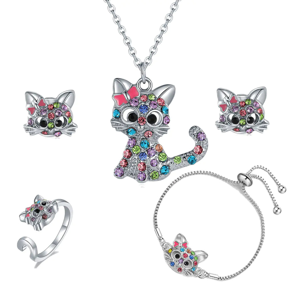 Cat-Themed Jewelry Set: Ring, Earrings, Necklace, Bracelet