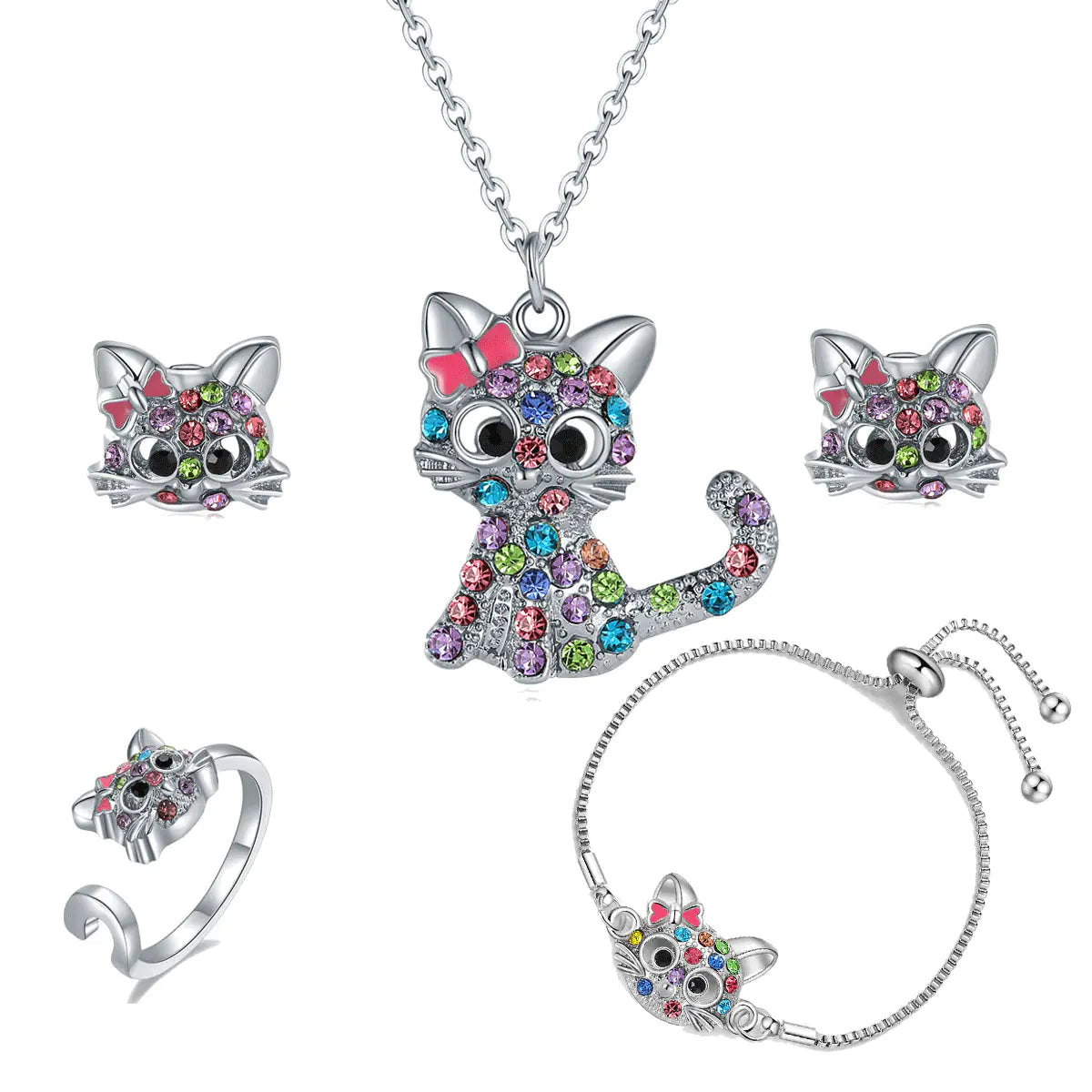 Cat-Themed Jewelry Set: Ring, Earrings, Necklace, Bracelet