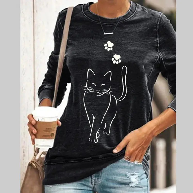 Cat Print Long Sleeve Round Neck Pullover T-Shirt
