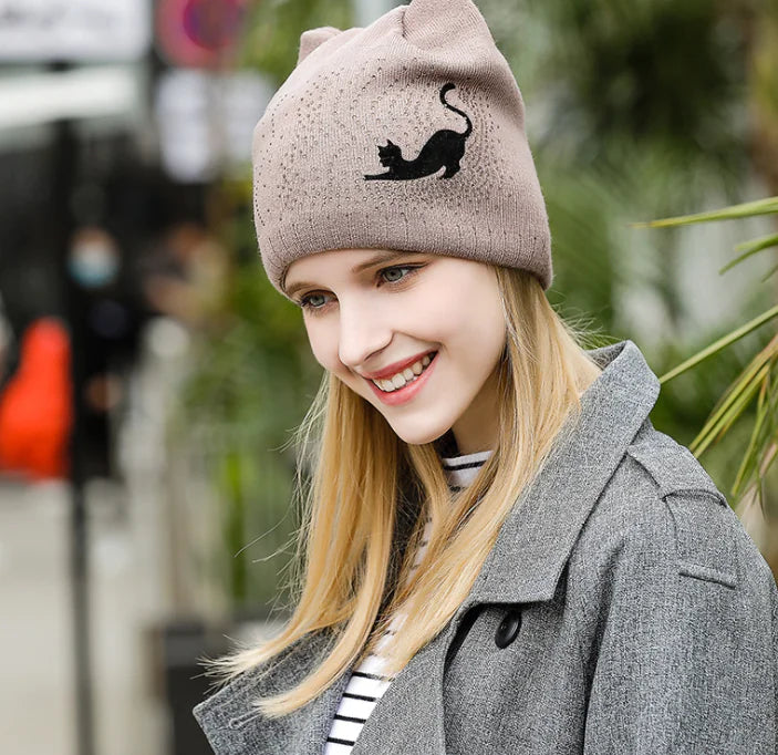 Knit Hat with Cat Ears and Bow - Little Black Cat