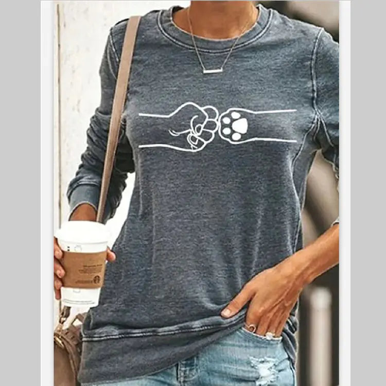 Cat Print Long Sleeve Round Neck Pullover T-Shirt