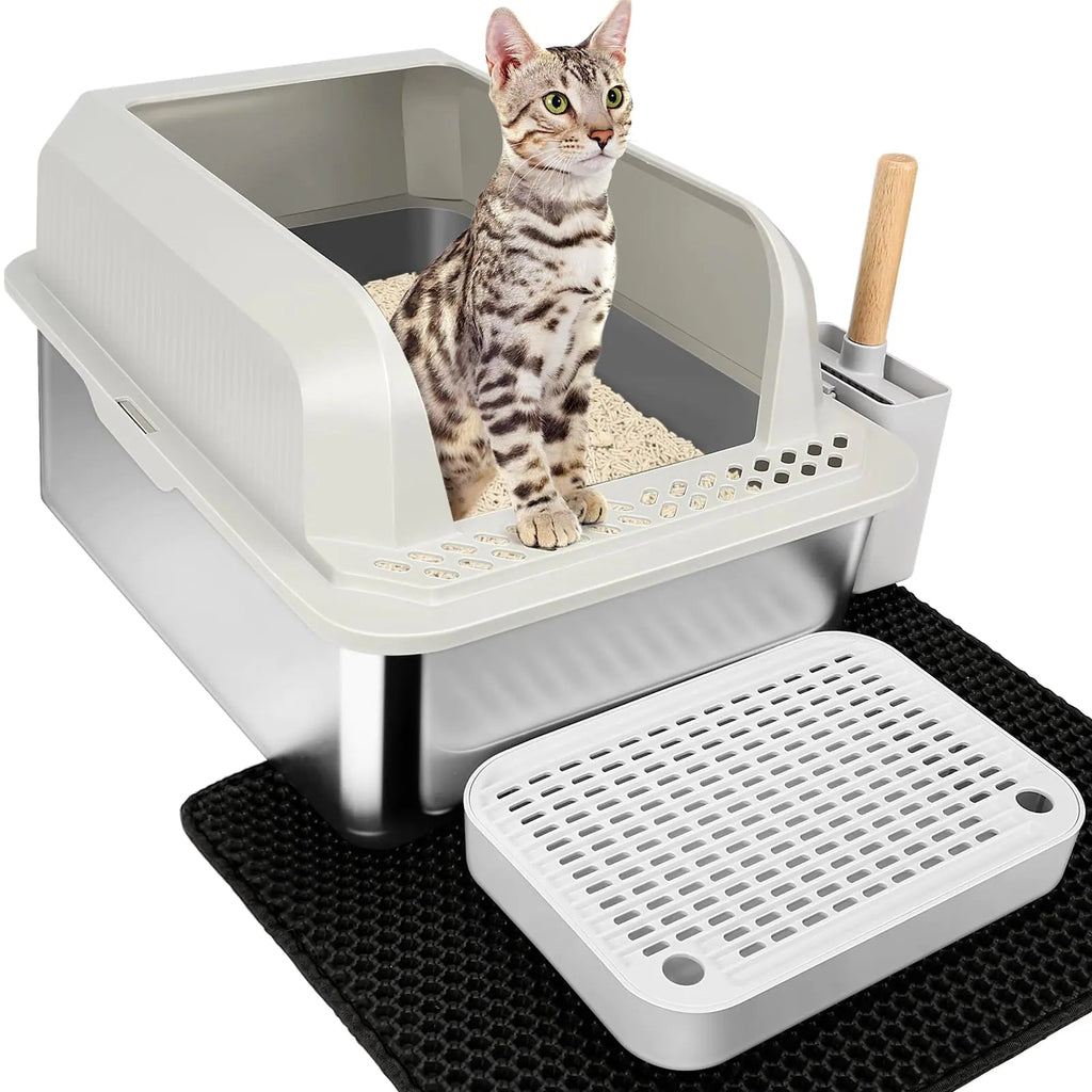 SZEE Stainless Steel Litter Box Cat Litter Box Easy to Clean and NO Absorb Odor Extra Large Litter Box with High Sides Trapping Box Litter Mat & Litter Scoop - Feline the Love