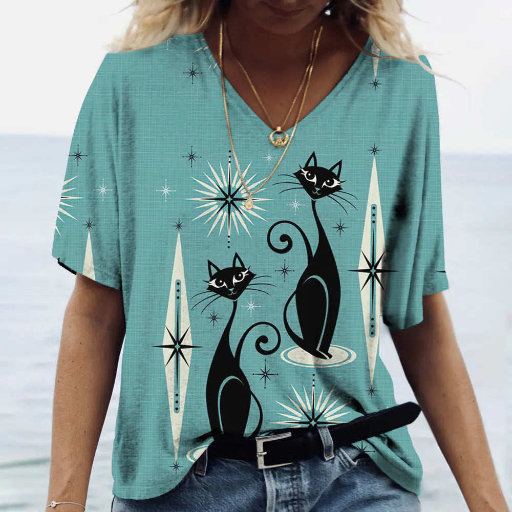 Women's Cat 3D Printed V-Neck T-Shirt