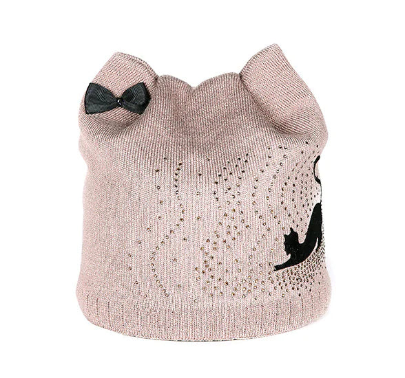 Knit Hat with Cat Ears and Bow - Little Black Cat