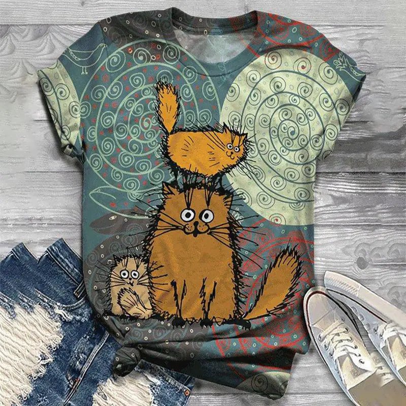 Women's Casual Cat Print Short Sleeve T-Shirt - Feline the Love