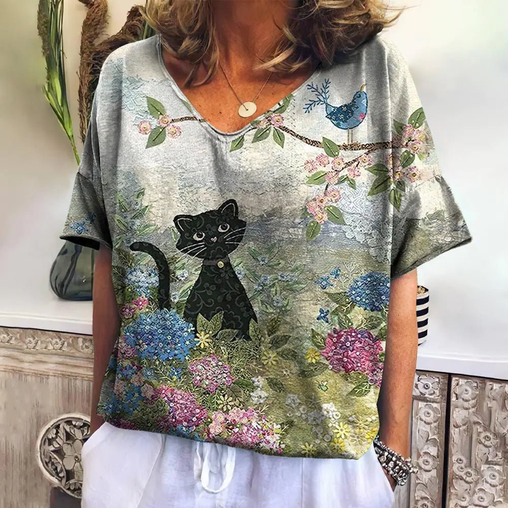 Women's Cat 3D Printed V-Neck T-Shirt - Feline the Love