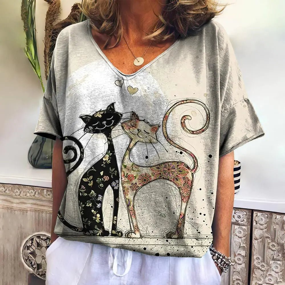 Women's Cat 3D Printed V-Neck T-Shirt - Feline the Love