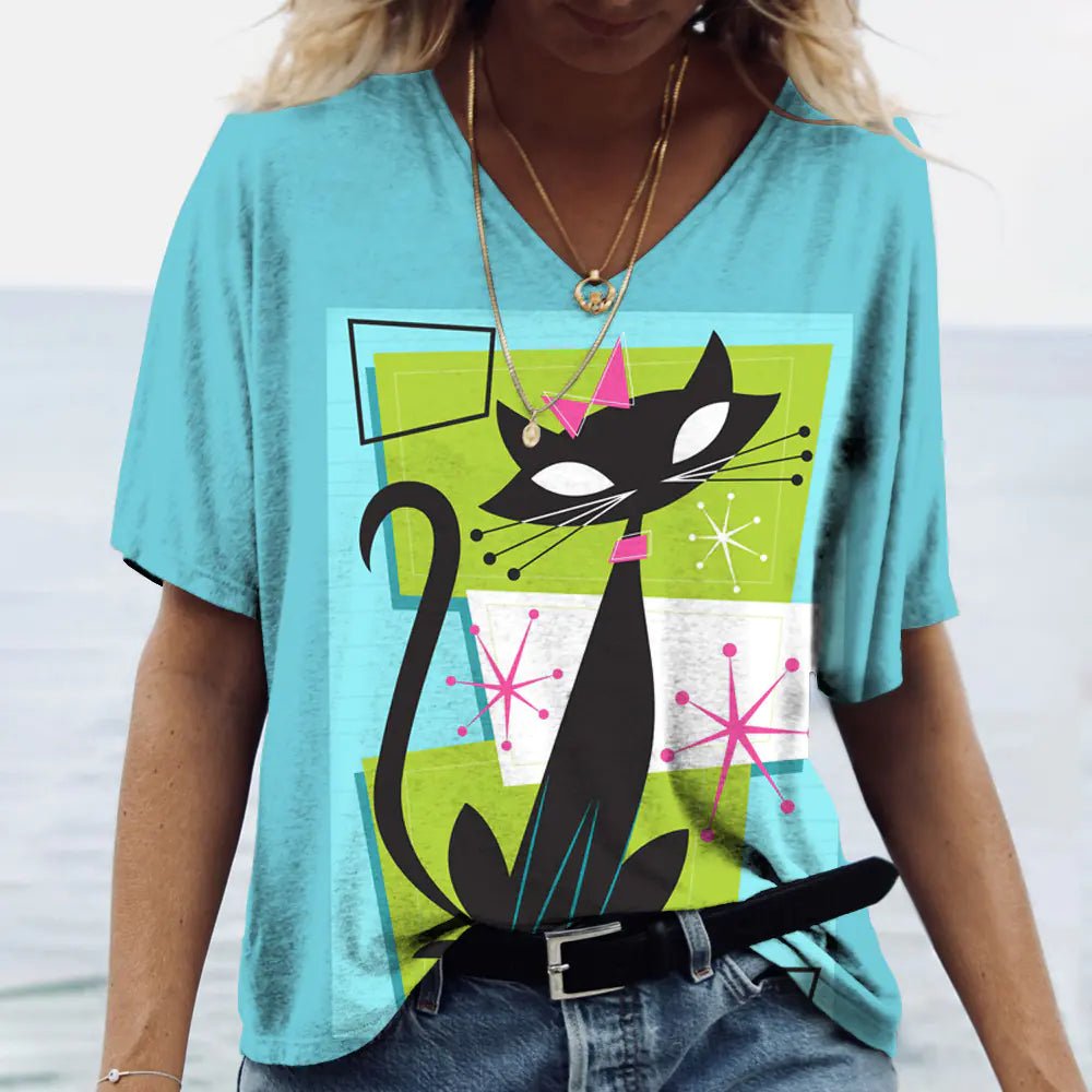 Women's Cat 3D Printed V-Neck T-Shirt - Feline the Love