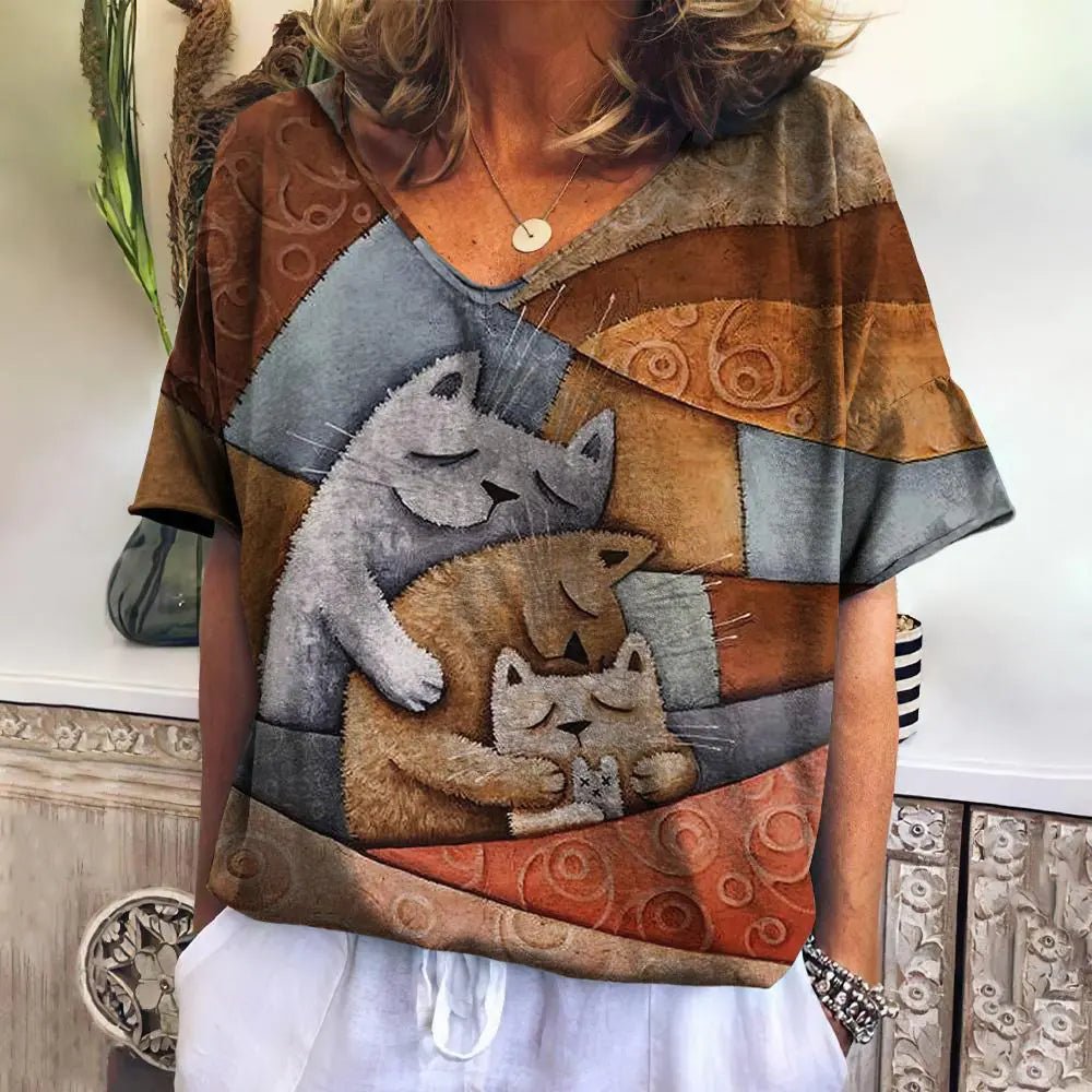 Women's Cat 3D Printed V-Neck T-Shirt - Feline the Love