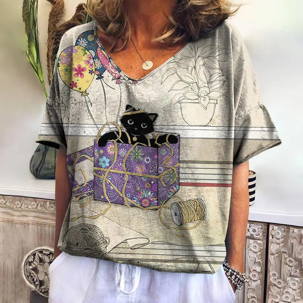 Women's Cat 3D Printed V-Neck T-Shirt - Feline the Love