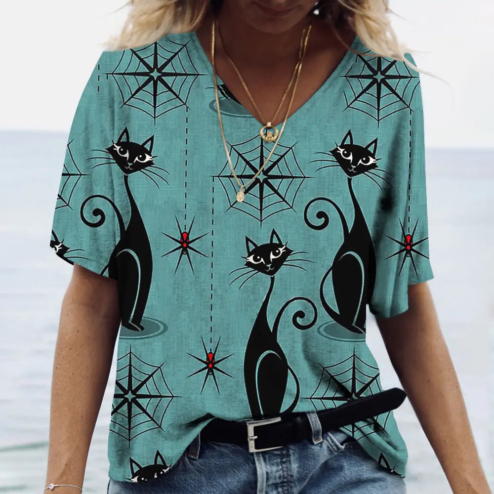 Women's Cat 3D Printed V-Neck T-Shirt - Feline the Love