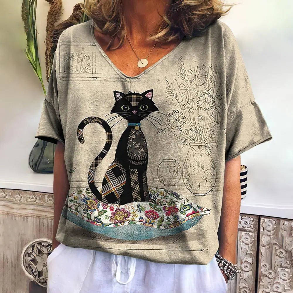 Women's Cat 3D Printed V-Neck T-Shirt - Feline the Love