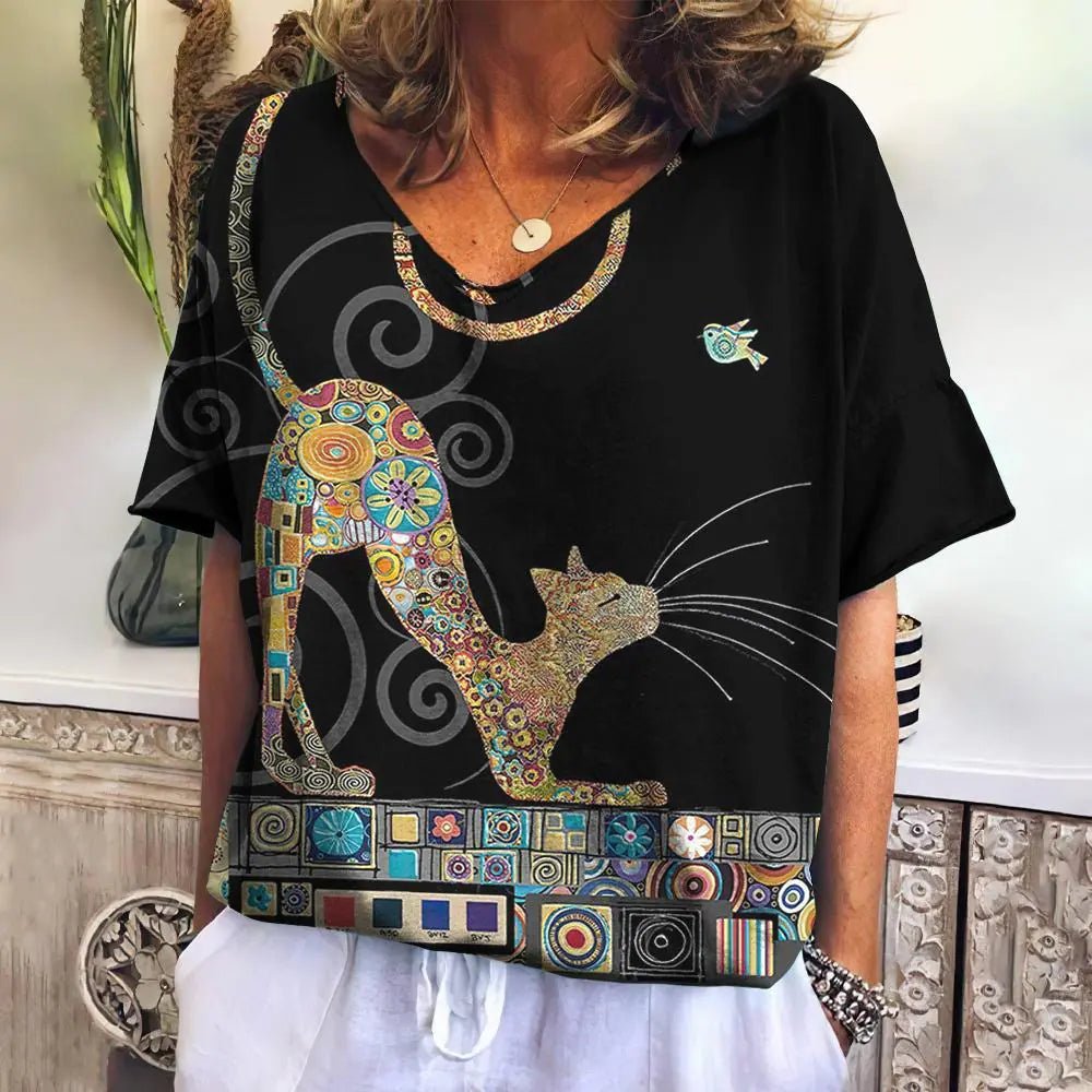 Women's Cat 3D Printed V-Neck T-Shirt - Feline the Love