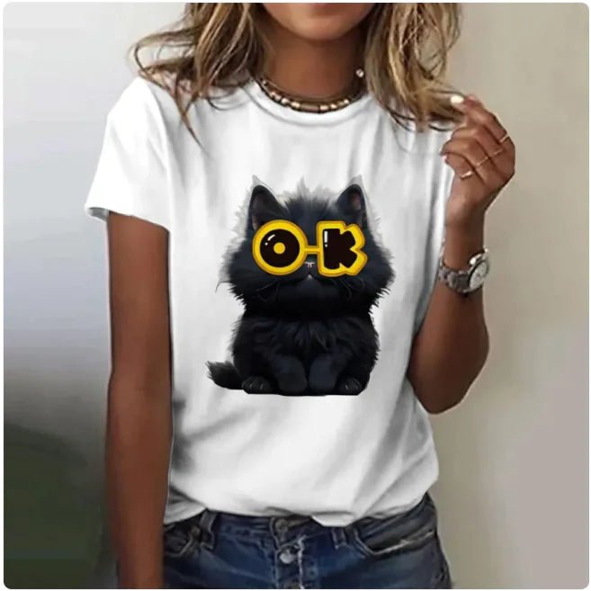 Women's Funny Cat Print T-Shirt - Feline the Love