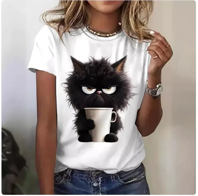 Women's Funny Cat Print T-Shirt - Feline the Love