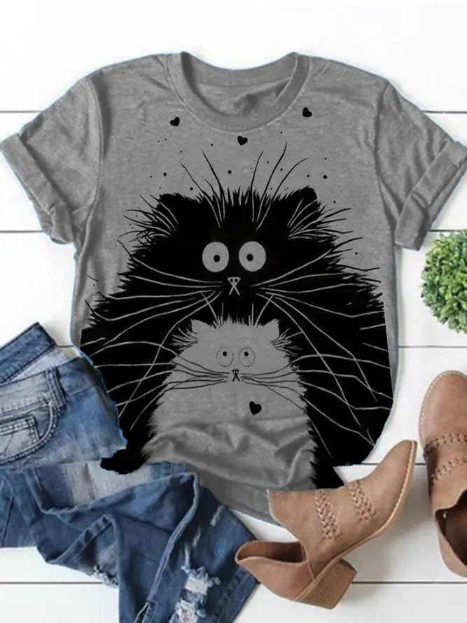 Cat Print Fashion Casual Short Sleeve T-Shirt for Women