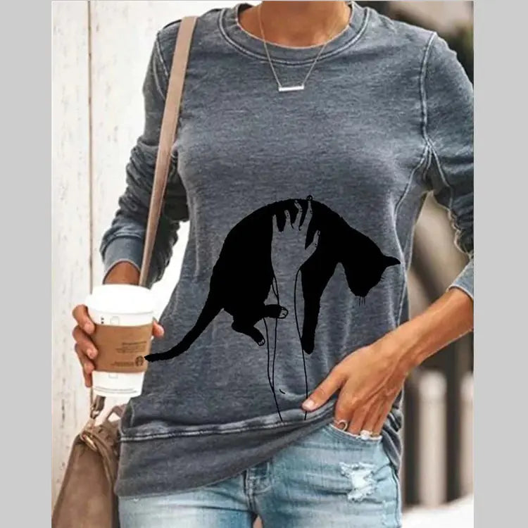 Cat Print Long Sleeve Round Neck Pullover T-Shirt